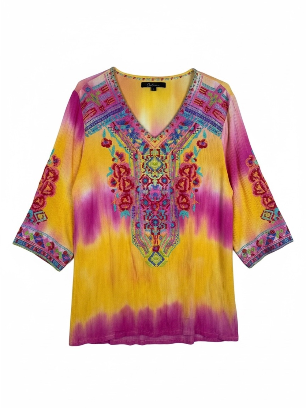 Calessa Embroidered Tie Dye V-Neck Tunic Top Yellow Pink Pink Boho Colorful Sz L